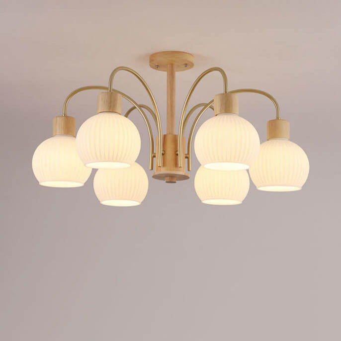 Modern Cream Round Lantern Iron Solid Wood Glass 6/8 Light Chandelier