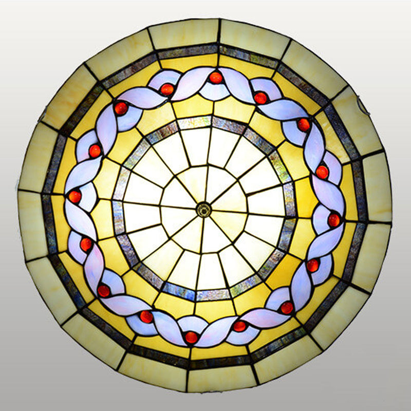 European Tiffany Round Flower Stained Glass 2/3 Light Flush Mount Ceiling Light