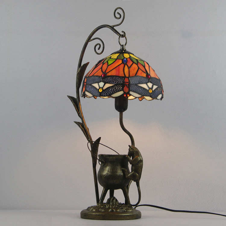 Vintage Tiffany Dome Stained Glass Mouse Base 1-Light Table Lamp