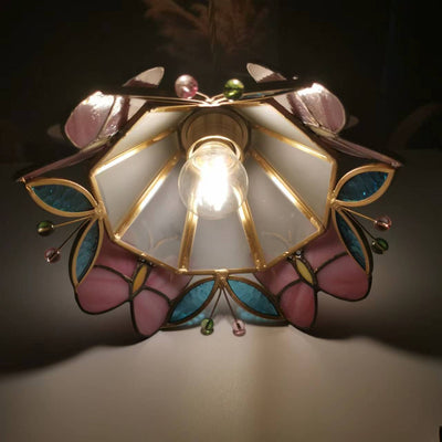 Japanese Nordic Brass Butterfly Stained Glass Cone 1-Light Pendant Light