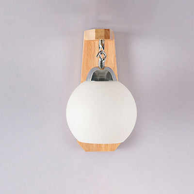 Japanese Simple Glass Round Shade Wood Arm 1-Light Wall Sconce Lamp