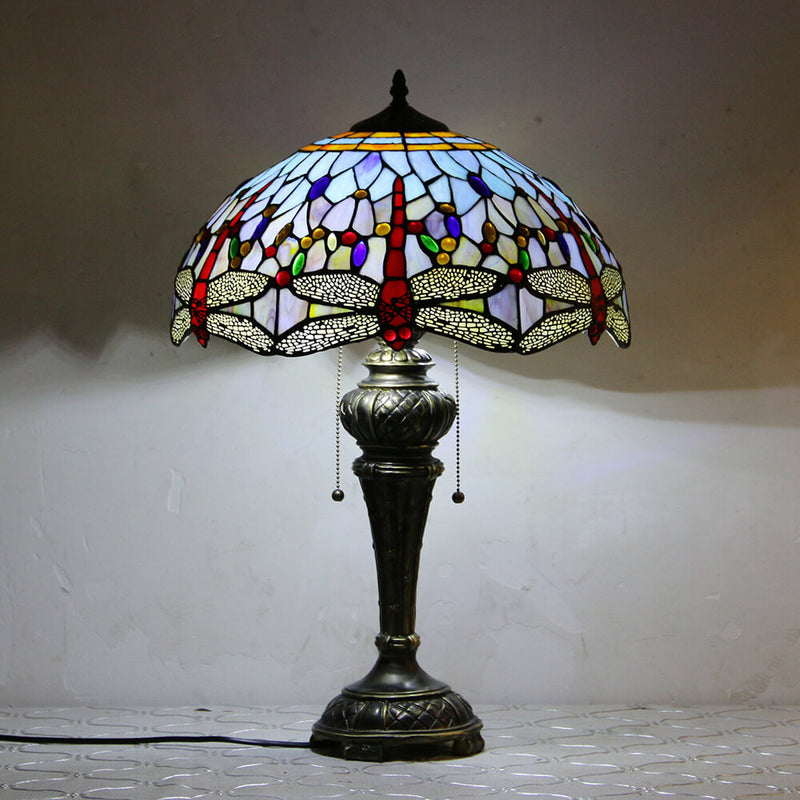 European Vintage Tiffany Dragonfly Peacock Glass Resin 1-Light Table Lamp