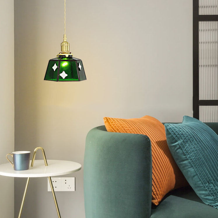 Vintage Stained Glass Geometric Cone Copper 1-Light Pendant Light