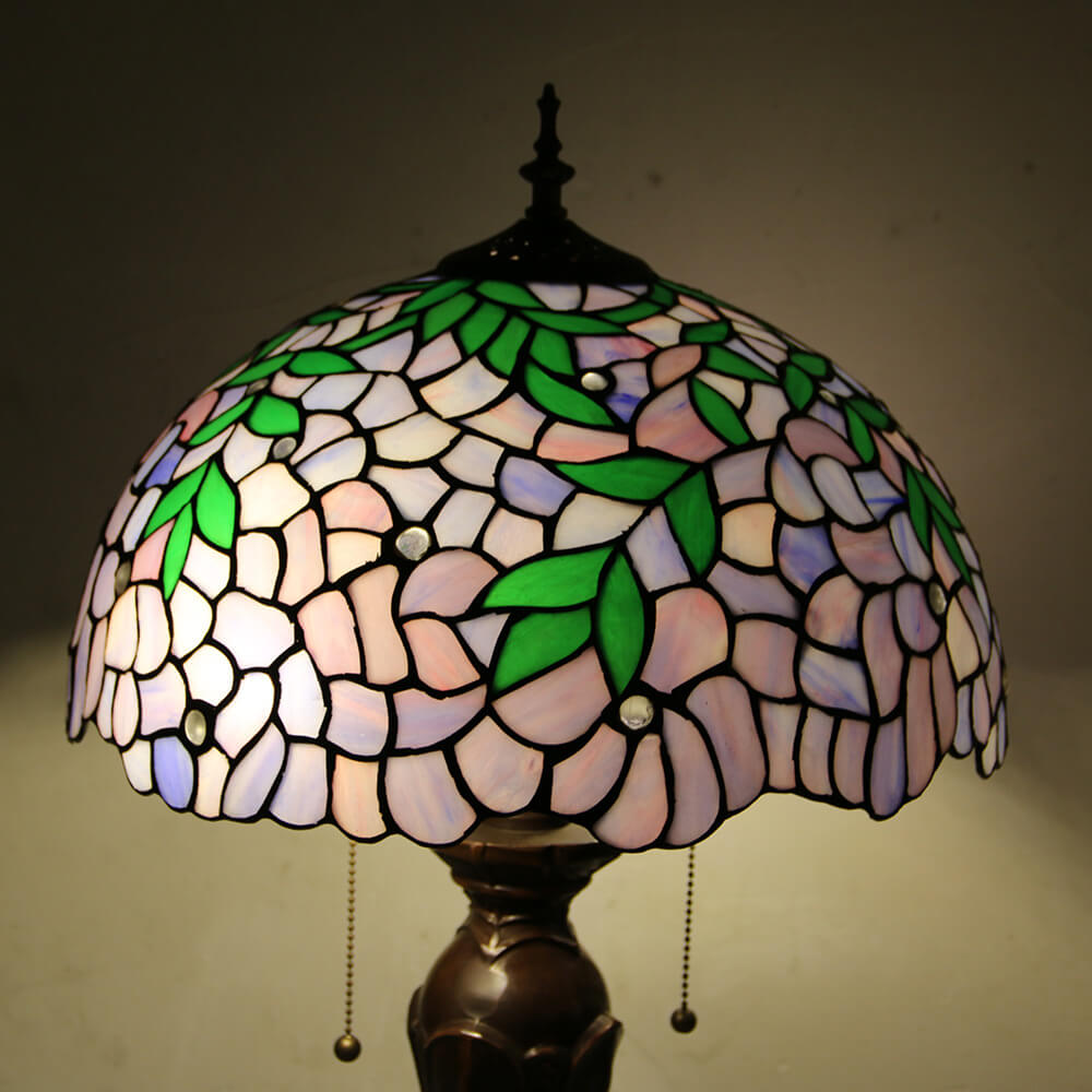 Lampe de table Tiffany avec fleur rétro européenne en verre teinté à 1 lumière avec cordon de tirage 