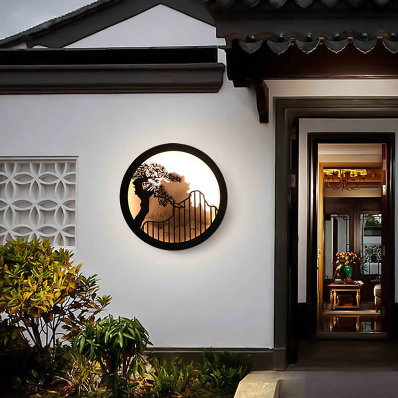 Applique murale LED extérieure ronde Zen paysage chinois moderne en pin 