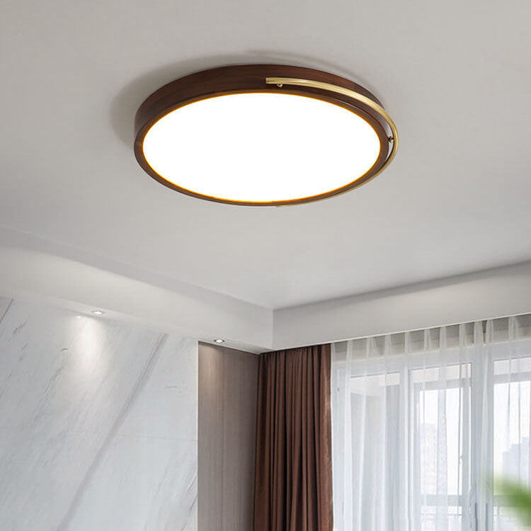 Modern Chinese Walnut Round Copper Ring LED Flush Mount Ceiling Light