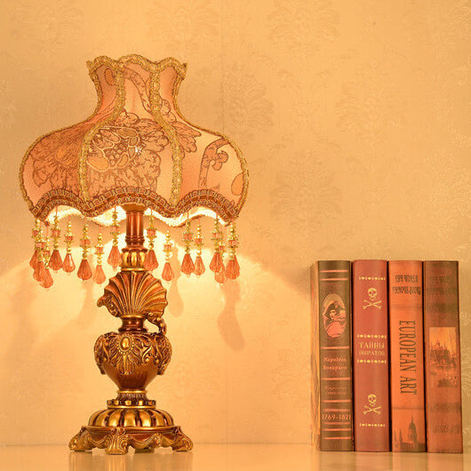 European Vintage Peach Fabric Tassel 1-Light Palace Table Lamp