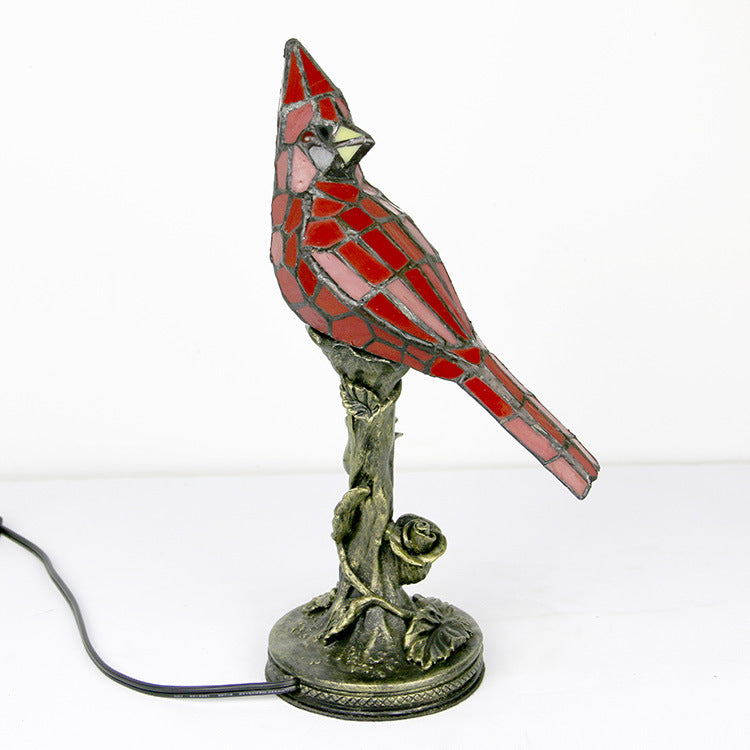 Lampe de table Tiffany à 1 lumière, oiseau rouge créatif européen 