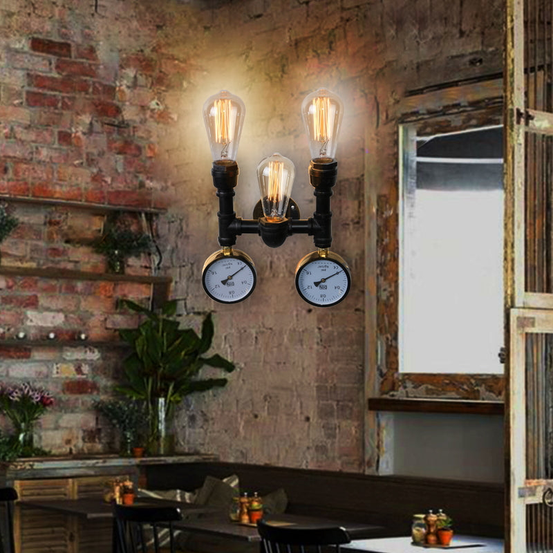 Vintage Industrial Iron Pipe Water Meter 3-Light Wall Sconce Lamp