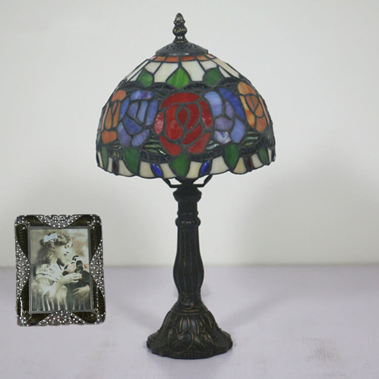 Retro Tiffany Flowering Rose Stained Glass 1-Light Table Lamp