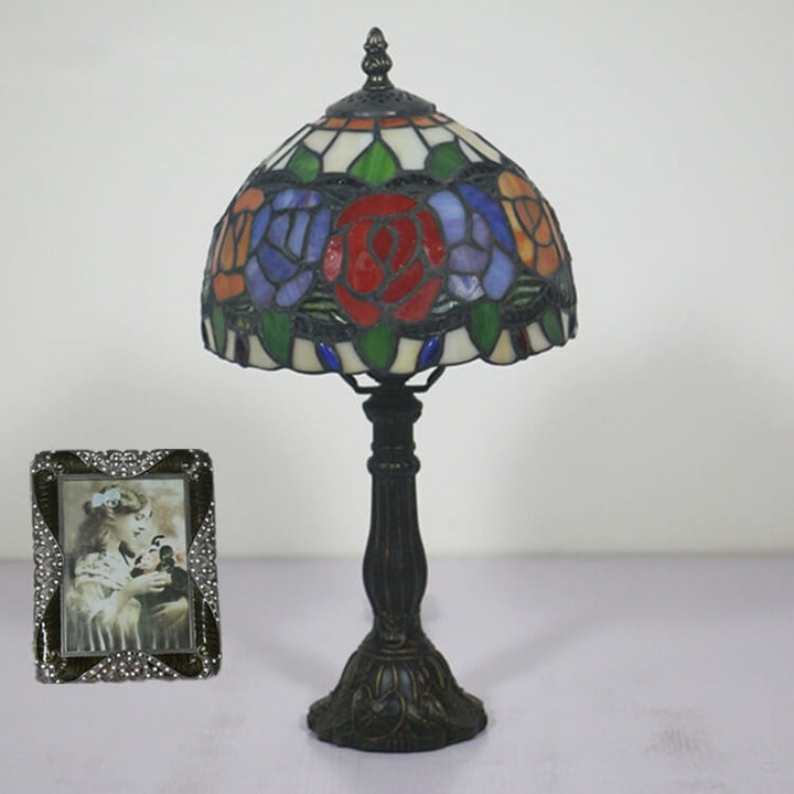 Retro Tiffany Flowering Rose Stained Glass 1-Light Table Lamp