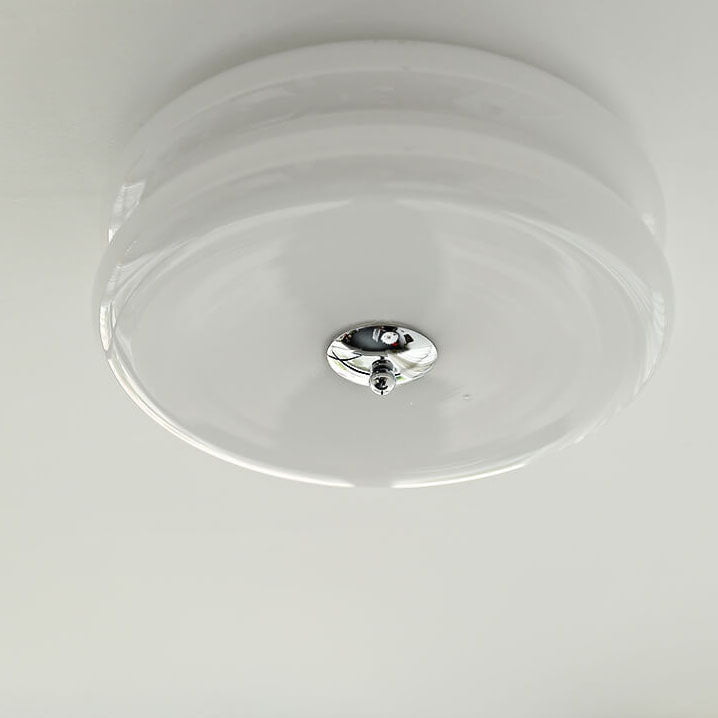Französische minimalistische runde LED-Deckenleuchte aus cremefarbenem Glas 