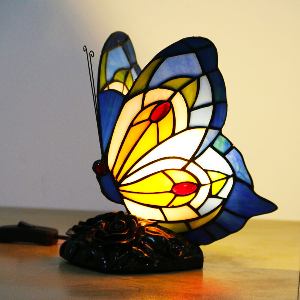 Traditionelle Tiffany-Glas-Harz-Schmetterlingsform Nachtlicht 1-flammige Tischlampe für Schlafzimmer &amp; Wohnzimmer 