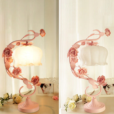 Vintage Romantic Pink Glass Ceramics Roses 1-Light Table Lamp