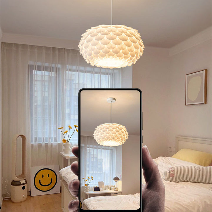 Contemporary Creative Cream Pine Cone Round Iron PVC Dome 1-Light Pendant Light For Living Room