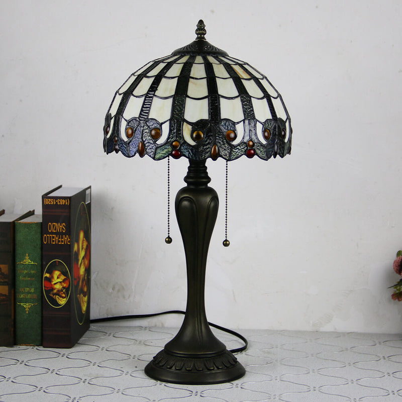 Vintage Tiffany Baroque Stained Glass Dome Pull Cord 1-Light Table Lamp