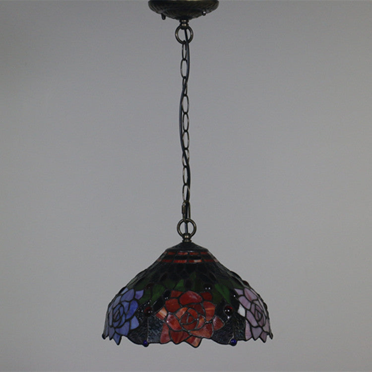 Traditionelle 1-flammige Tiffany-Pendelleuchte mit Blumenmotiv aus Buntglas und Eisenschirm für Wohn- und Schlafzimmer 