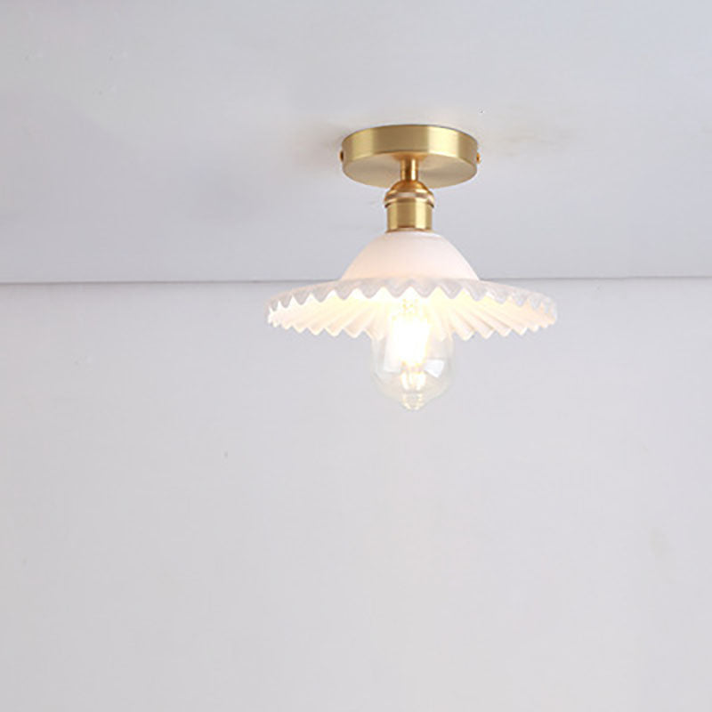 Japanese Vintage Glass Brass Lotus 1-Light Semi-Flush Mount Ceiling Light