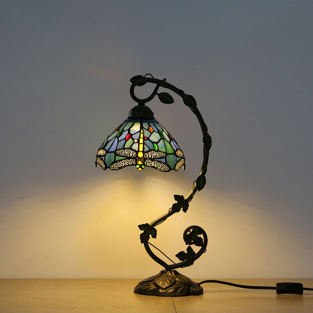 Traditional European Dragonfly Stained Glass Resin Vine 1-Light Table Lamp for Bedroom