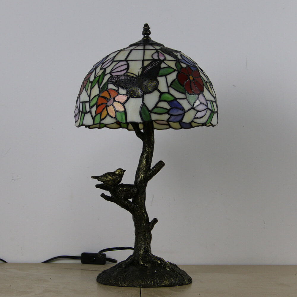 Lampe de table à 1 lumière en verre teinté avec design de papillon et rose Art Tiffany 
