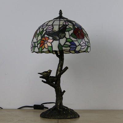 Tiffany Art Rose Butterfly Design Stained Glass 1-Light Table Lamp