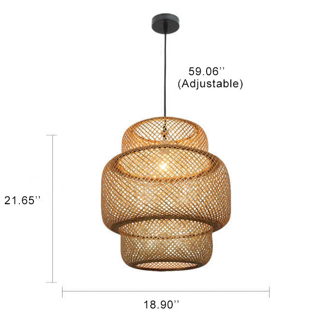 Moderne gestufte 1-Licht-Zylinder-Pendelleuchte aus Bambusgeflecht 