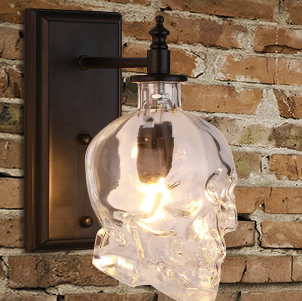 Contemporary Creative Round Skull Glass Iron 1-Light Halloween Wall Sconce Lamp For Living Room