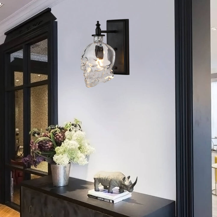 Contemporary Creative Round Skull Glass Iron 1-Light Halloween Wall Sconce Lamp For Living Room