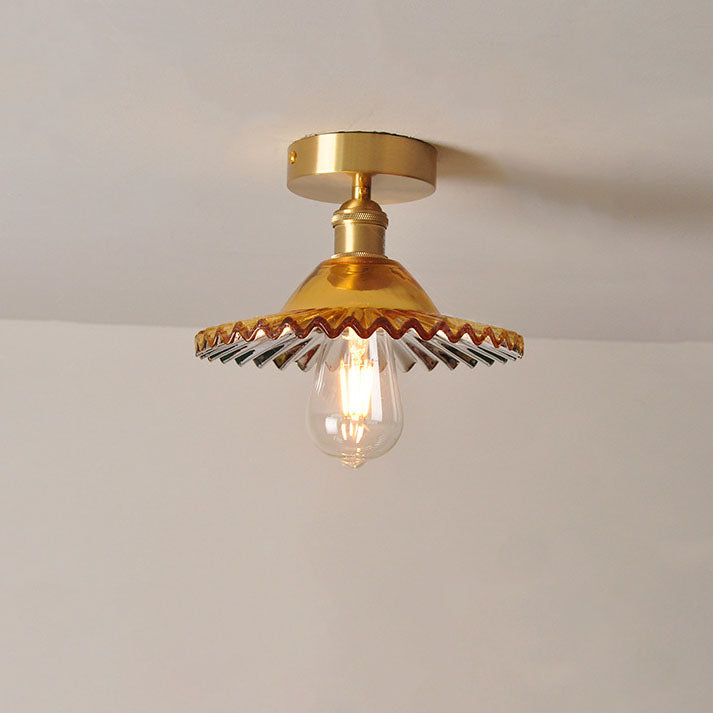 Traditionelle halb eingelassene 1-flammige Vintage-Deckenleuchte aus Glas und Eisen im Lotus-Design 