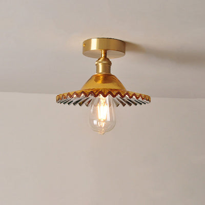 Japanese Vintage Glass Brass Lotus 1-Light Semi-Flush Mount Ceiling Light