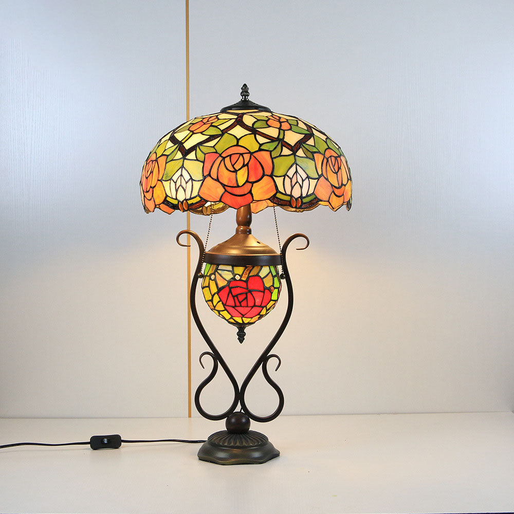 Traditional Tiffany Floral Stained Glass Iron Resin Round Pot 3-Light Table Lamp For Bedroom
