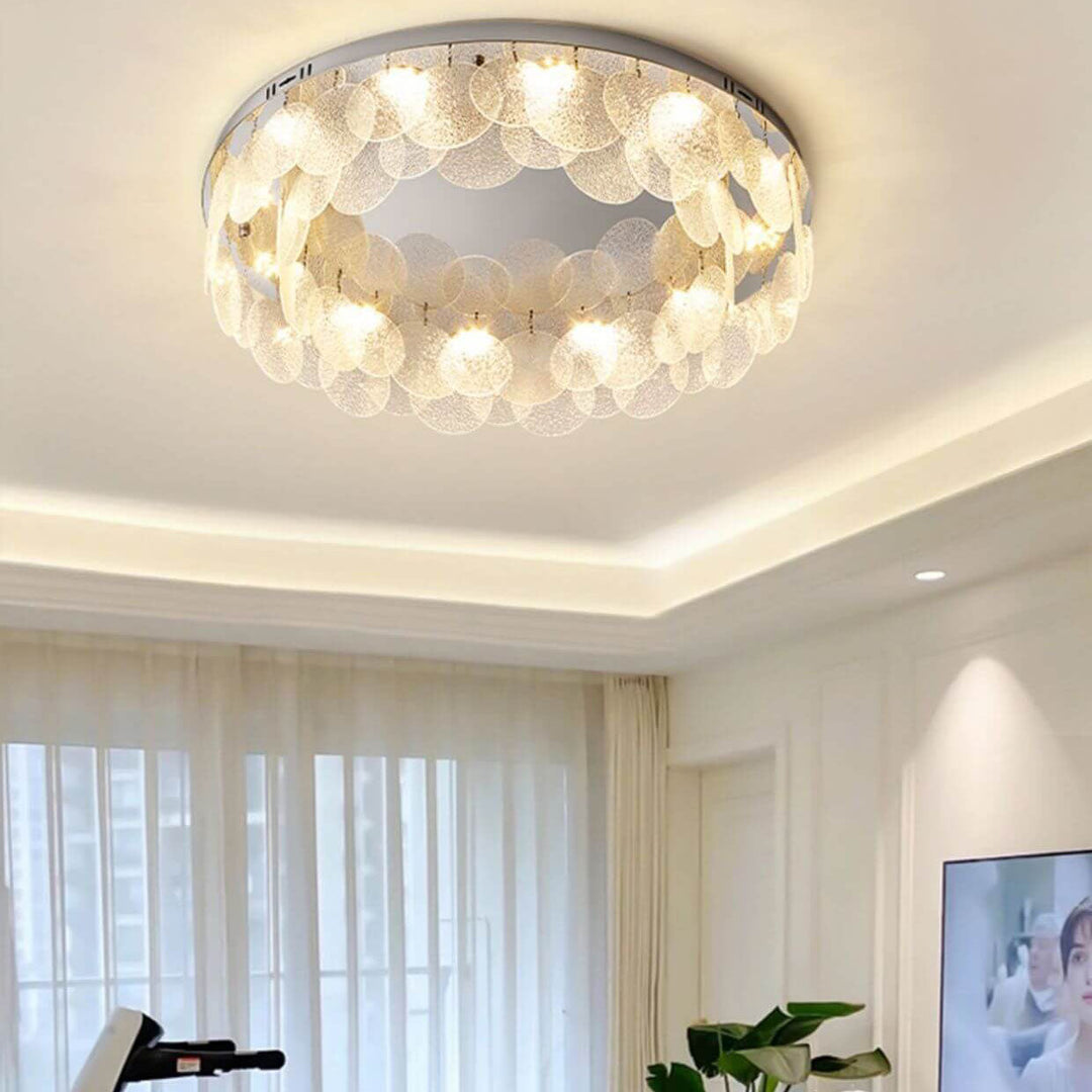 Zeitgenössische Luxus-Deckenleuchte aus Edelstahlrahmen mit Wasserstrukturglas, rundem Blatt und 8 Lichtern für das Wohnzimmer 