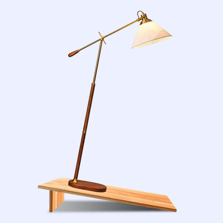 Traditional Vintage Fabric Cone Metal Ash Wood 1-Light Standing Floor Lamp For Bedroom