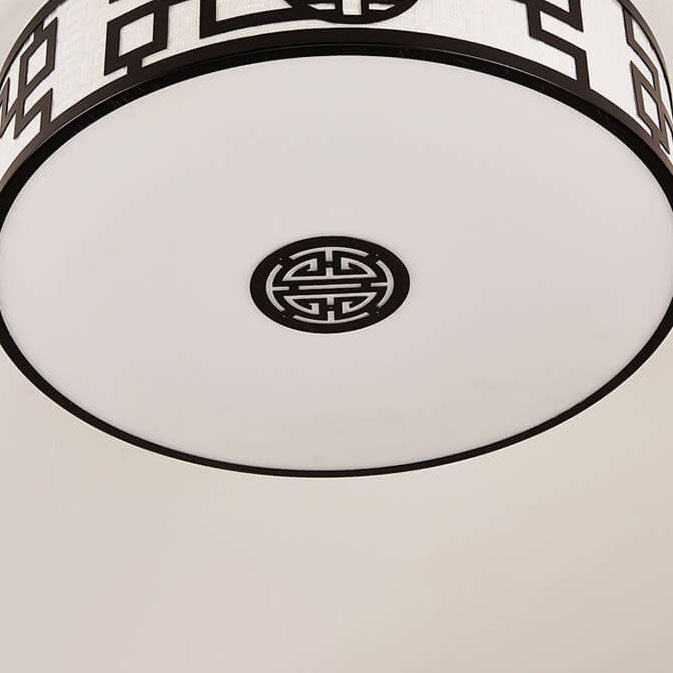Traditional Chinese Round Fabric Drum LED Flush Mount Ceiling Light For Living Room