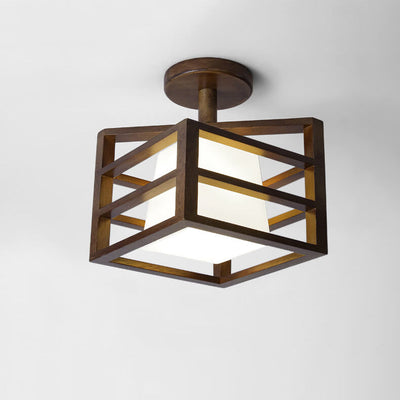 Simple Walnut Solid Wood Frame 1-Light Semi-Flush Mount Ceiling Light