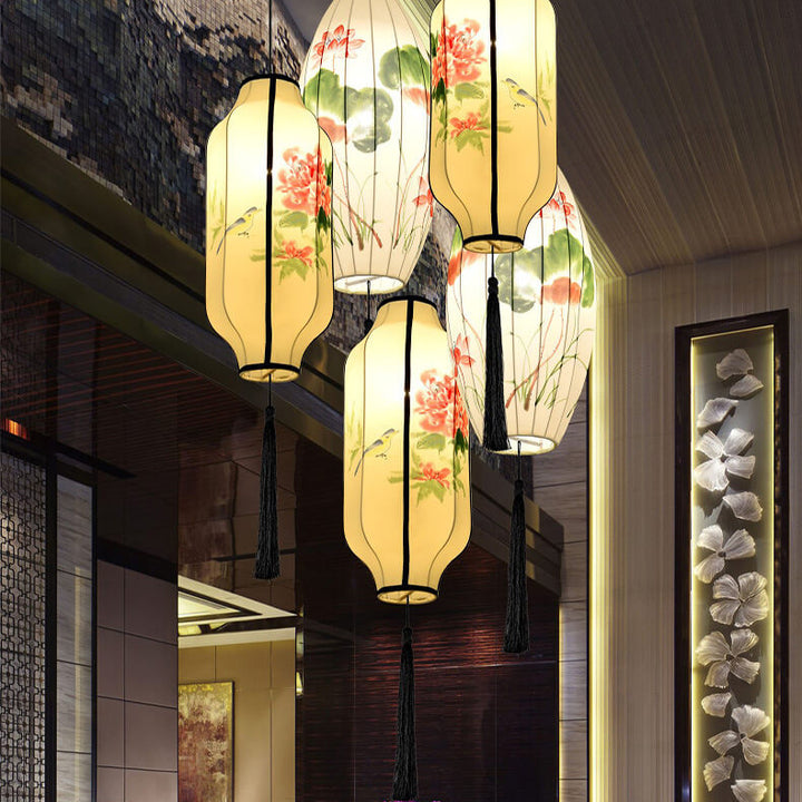 Lanterne ovale antique orientale faite à la main en tissu 1 lumière suspendue 