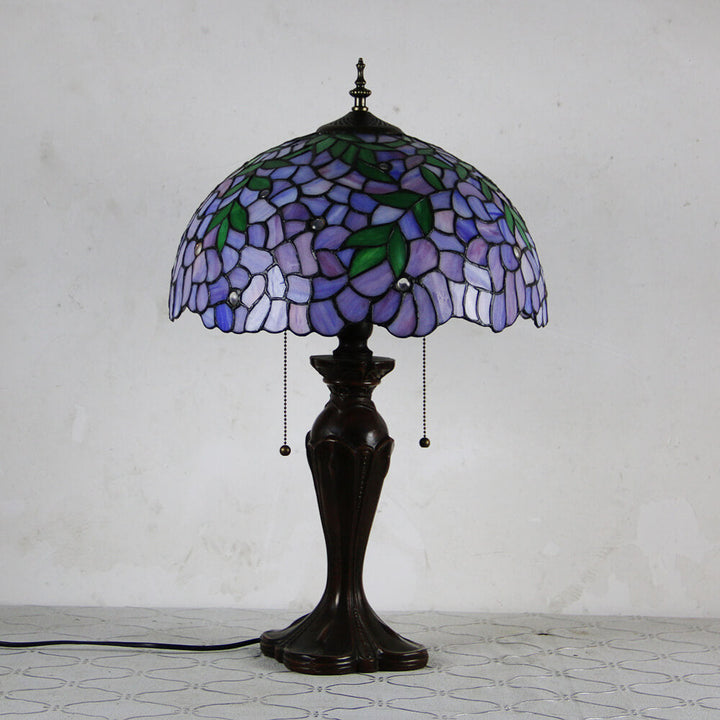 Lampe de table Tiffany avec fleur rétro européenne en verre teinté à 1 lumière avec cordon de tirage 