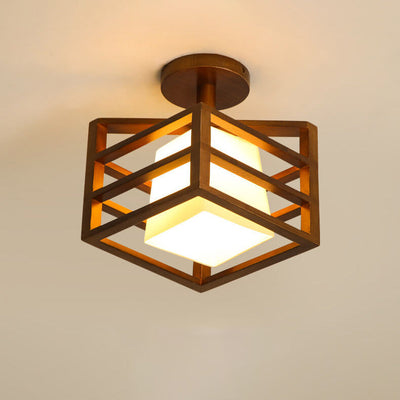 Simple Walnut Solid Wood Frame 1-Light Semi-Flush Mount Ceiling Light