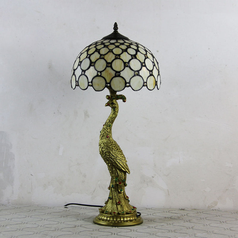 Vintage Tiffany Peacock Gem Dome Glass Resin 1-Light Table Lamp