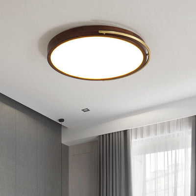 Modern Chinese Walnut Round Copper Ring LED Flush Mount Ceiling Light