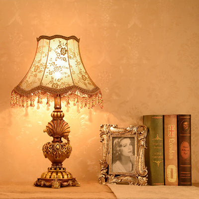 European Vintage Fabric Tassel Resin Court 1-Light Table Lamp