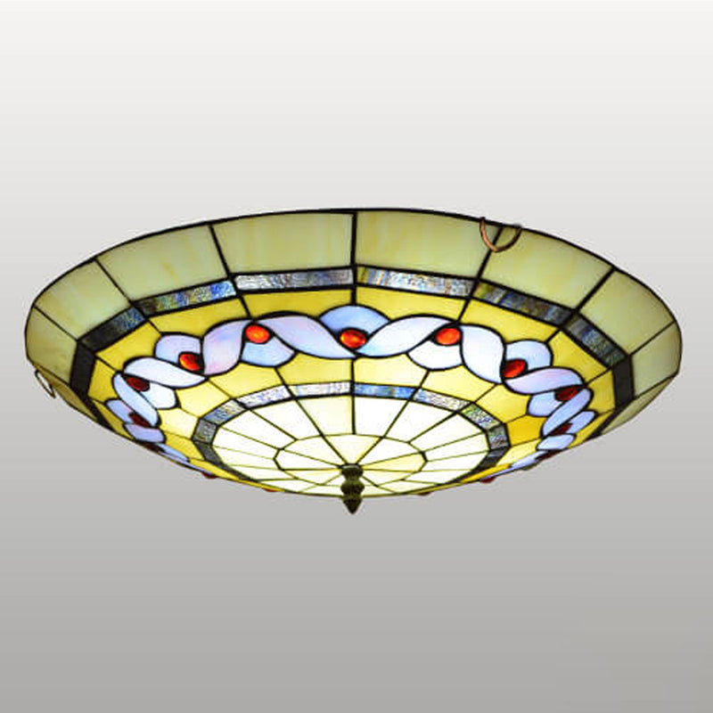 European Tiffany Round Flower Stained Glass 2/3 Light Flush Mount Ceiling Light