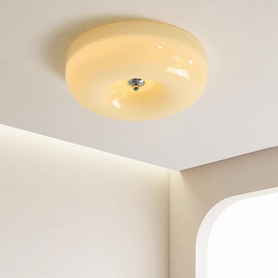 Contemporary Nordic Creamy Yellow Pudding Glass Shade Iron LED Flush Mount Ceiling Light For Living Room