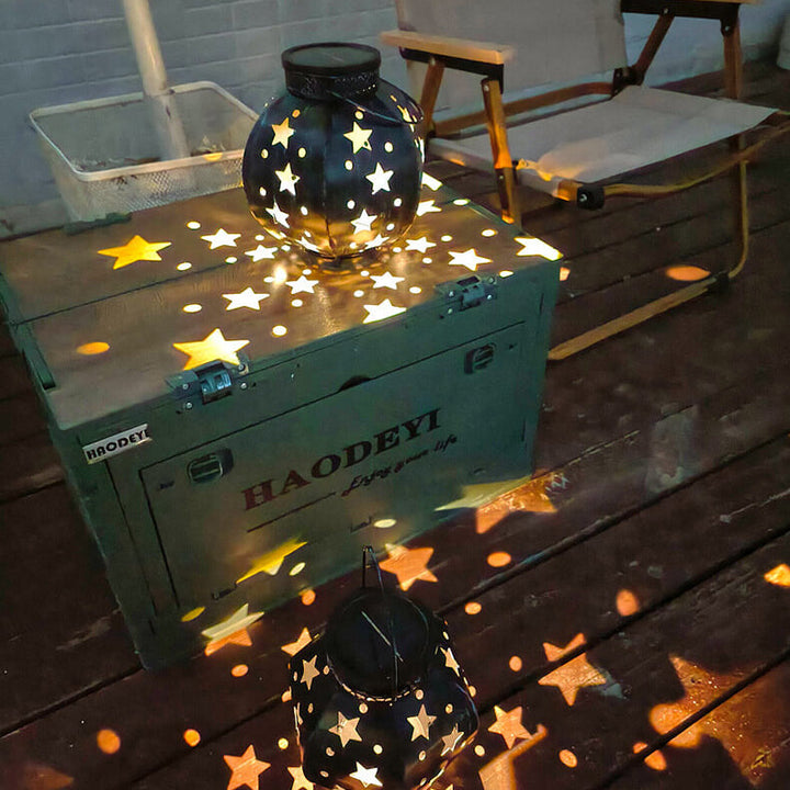 Kreative Solar Eisen Pentagramm Hohl Dekor Laterne LED Tragbare Terrasse Rasen Licht 