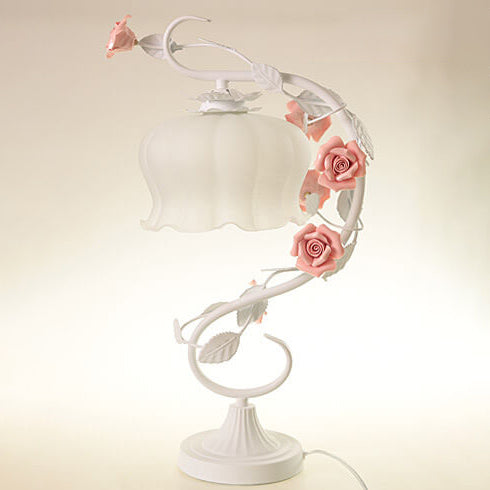 Vintage Romantic Pink Glass Ceramics Roses 1-Light Table Lamp
