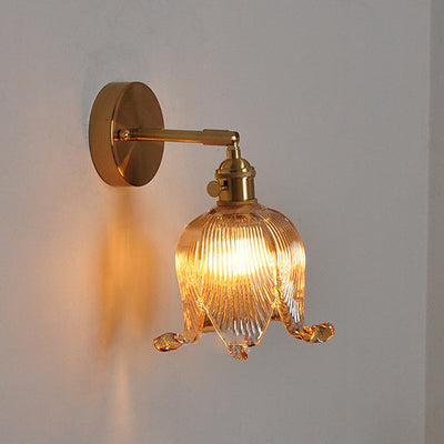 Vintage Japanese Brass Glass Bell Flower 1-Light Wall Sconce Lamp