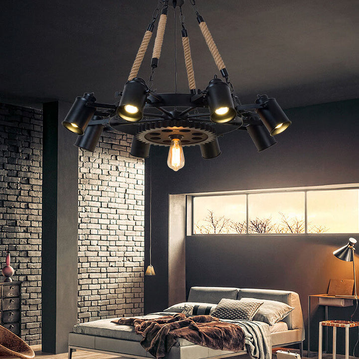 Zeitgenössischer industrieller Retro-Kronleuchter aus Schmiedeeisen und Hanfseil im Zahnrad-Design mit 7/9/11 Flammen für das Wohnzimmer 