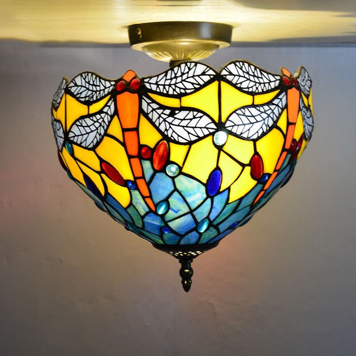 Traditional Tiffany Stained Glass Iron Bowl Round 2-Light Semi-Flush Mount Ceiling Light for Living Room
