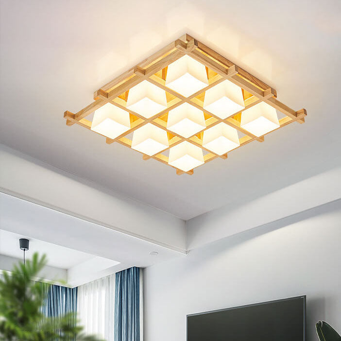 Japanese Minimalist Wooden Square Cube Shade 4/6/9 Light Flush Mount Ceiling Light