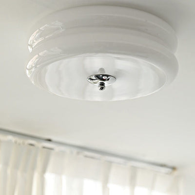 French Minimalist Cream Glass Round LED Flush Mount Ceiling Light